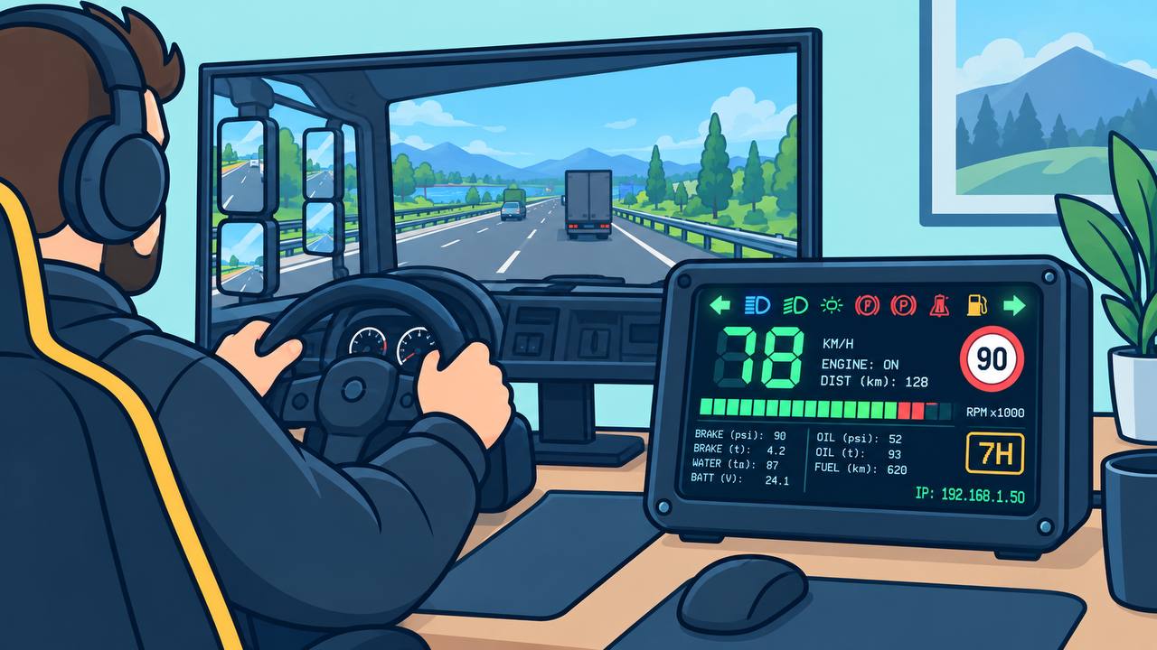 Игрок за рулём в Euro Truck Simulator 2, рядом с монитором стоит панель m2Dashboard и показывает скорость, обороты, давление и температуры